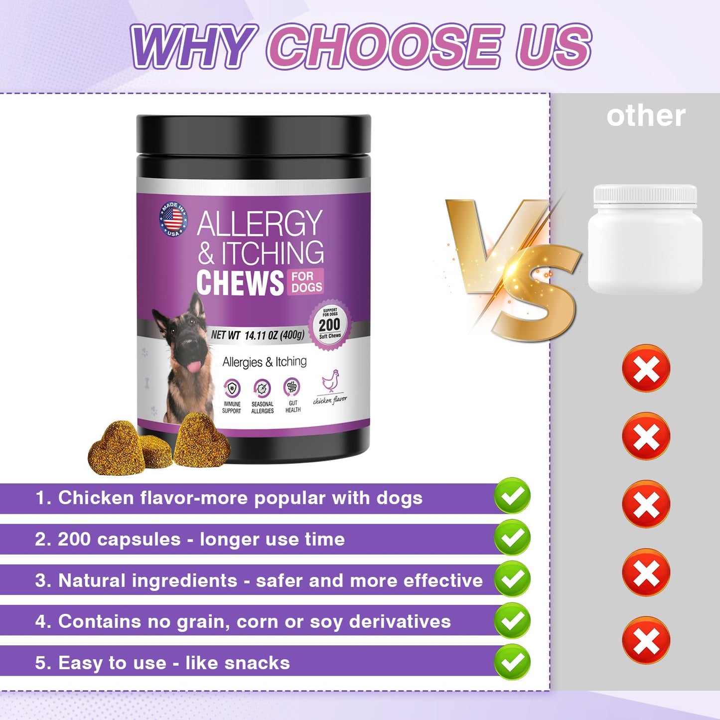 Dog Allergy Chews 200ct - Dog Allergy and Itching Skin Relief Anti Itch Aller Immune Bites for Dogs licking Itching Paws Treatment Itchy Relief Chew Probiotics Vitamins for Skin and Coat Allergies