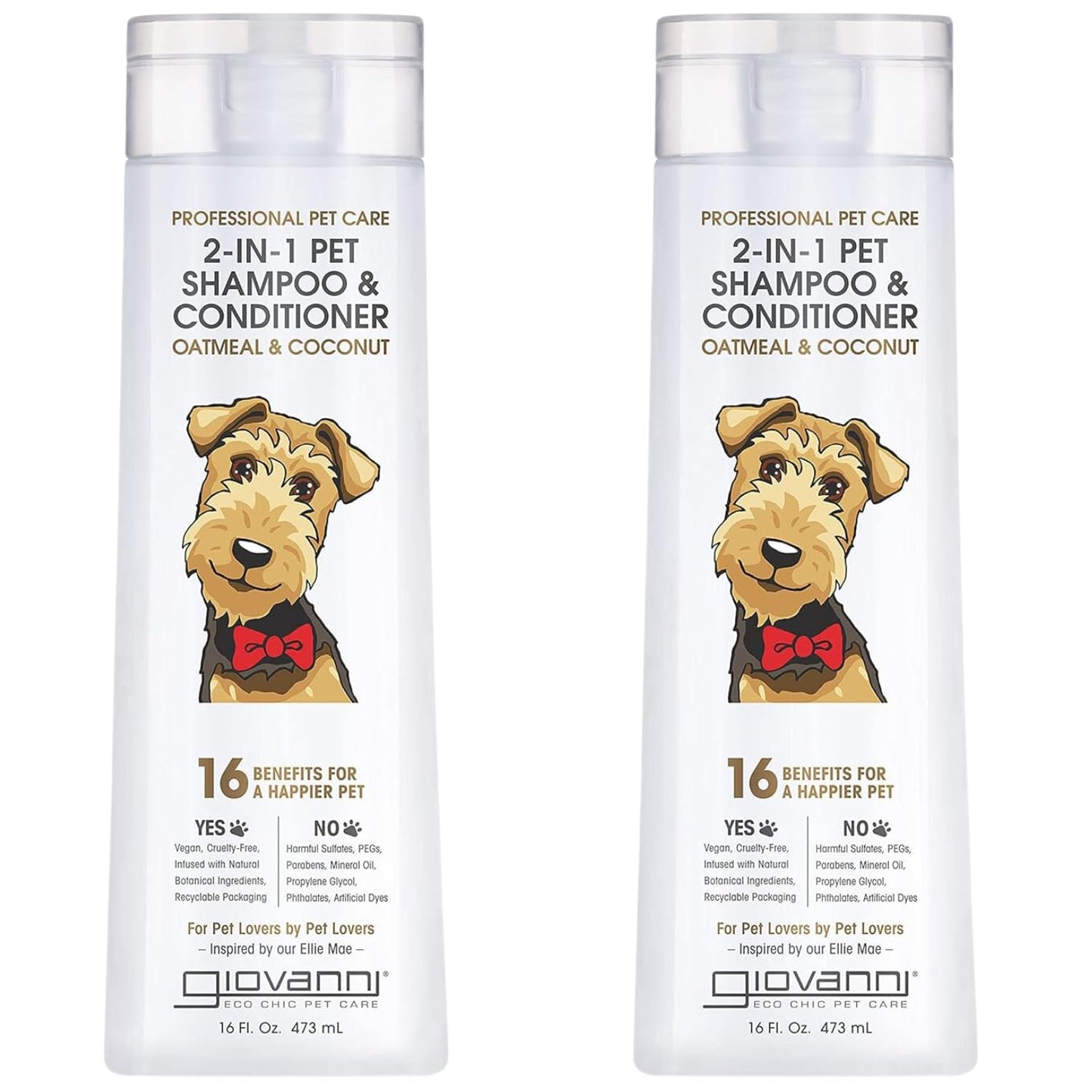 GIOVANNI Professional 2-in-1 Pet Shampoo & Conditioner - for Dogs & Cats, Oatmeal & Coconut, Helps Neutralize Odors, Deeply Cleanses, Silkens, Controls Static - 16 oz (Pack of 2)
