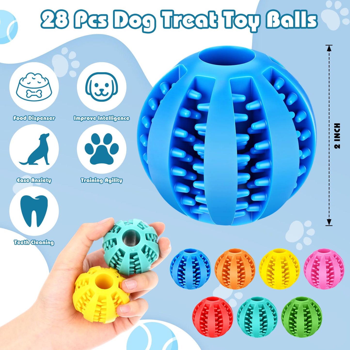 28 Pack Dog Treat Balls Bulk Interactive Treat-Dispensing Dog Toy Durable Rubber Puppy Tooth Cleaning Ball Toy for Small Medium Breed Chew Tooth Cleaning Enrichment for Boredom Brain Stimulate Game