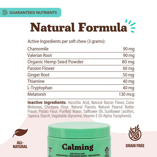 Natural Dog Company Calming Chews for Dogs, Stress & Anxiety Relief Supplement with Chamomile, Valerian Root & Melatonin, Natural Soothing Chews for Travel, Thunder, Fireworks & Separation (90 cnt)