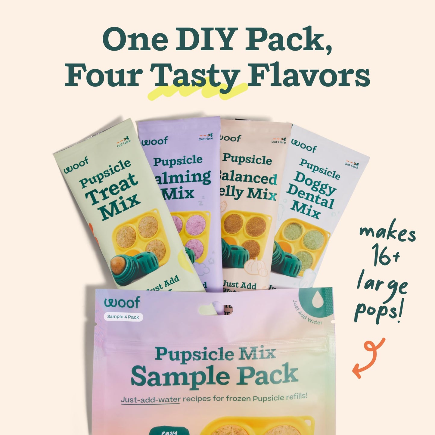 WOOF Pupsicle Mix Sample Pack - Easy-to-Make DIY Pupsicle Refills - Delicious Mix for The Pupsicle Interactive Dog Toy - with Bacon & Cheese, Calming, Balanced Belly, and Dental Mix - 4 Pack Sampler