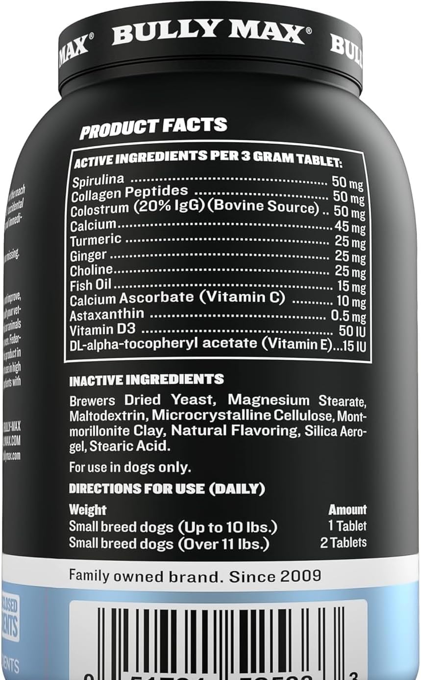 Bully Max Small Breed Dog Immune Support Tablets - Chewable Multivitamin Immunity Booster Supplement for Puppy & Adult Dogs - Pet Vitamins with Astaxanthin, Colostrum, Turmeric - 30 Tabs (3 Bottles)