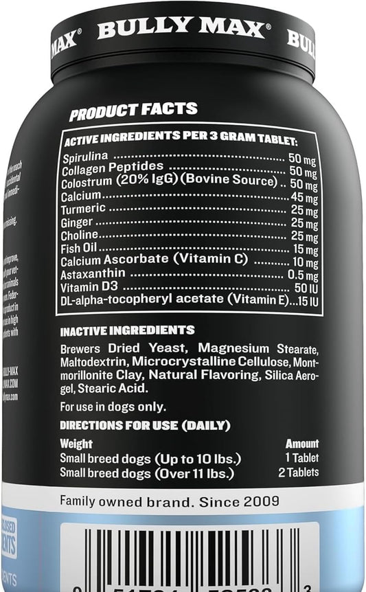 Bully Max Small Breed Dog Immune Support Tablets - Chewable Multivitamin Immunity Booster Supplement for Puppy & Adult Dogs - Pet Vitamins with Astaxanthin, Colostrum, Turmeric - 30 Tabs (3 Bottles)