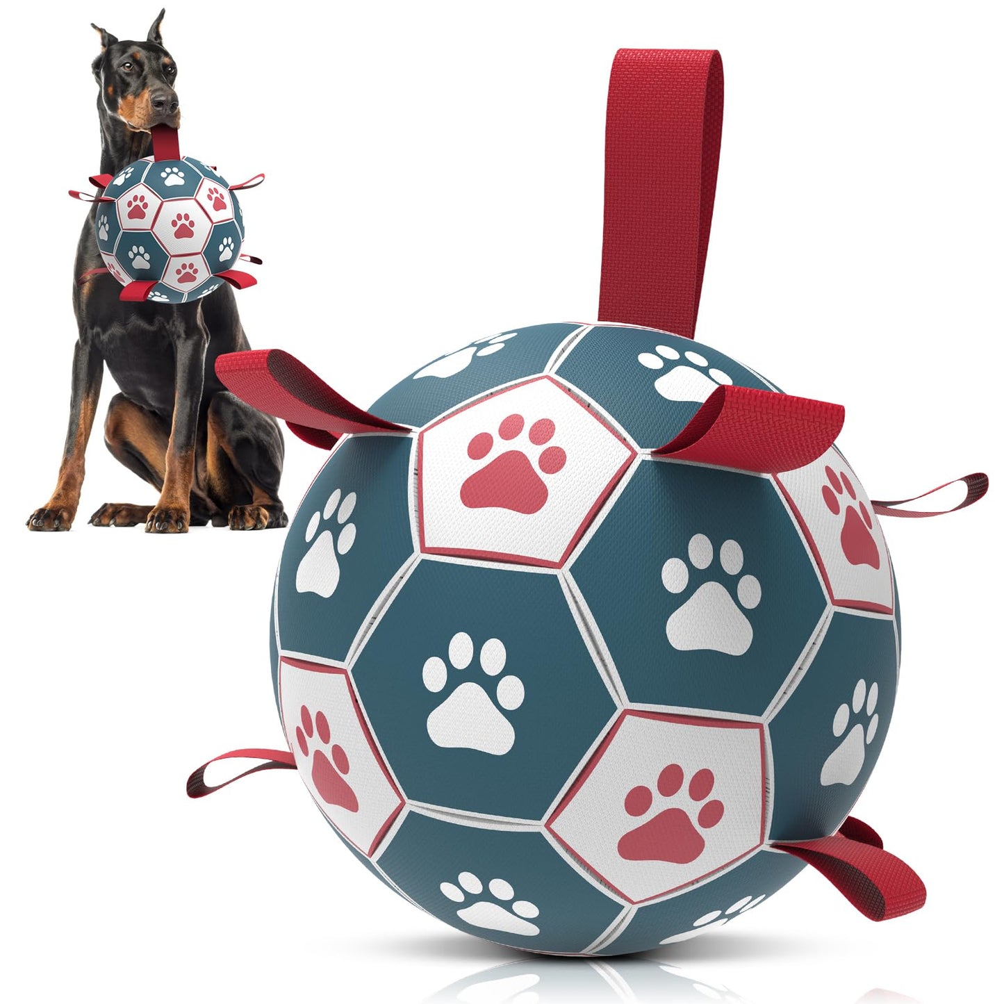 QDAN Dog Toys Soccer Ball with Straps - Durable Giant Dog Balls, Outdoor & Water Toys, Herding Ball, Birthday Gifts (10 Inch)