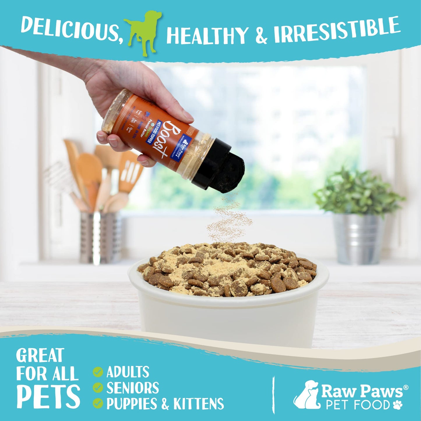Raw Paws Boost Pet Food Topper Organic Peanut Powder, 2.8-oz - Made in USA - Dog Food Topper, Peanut Butter Treats Meal Toppers for Dogs, Flavor Food Toppers for Picky Dogs, Food Sprinkles