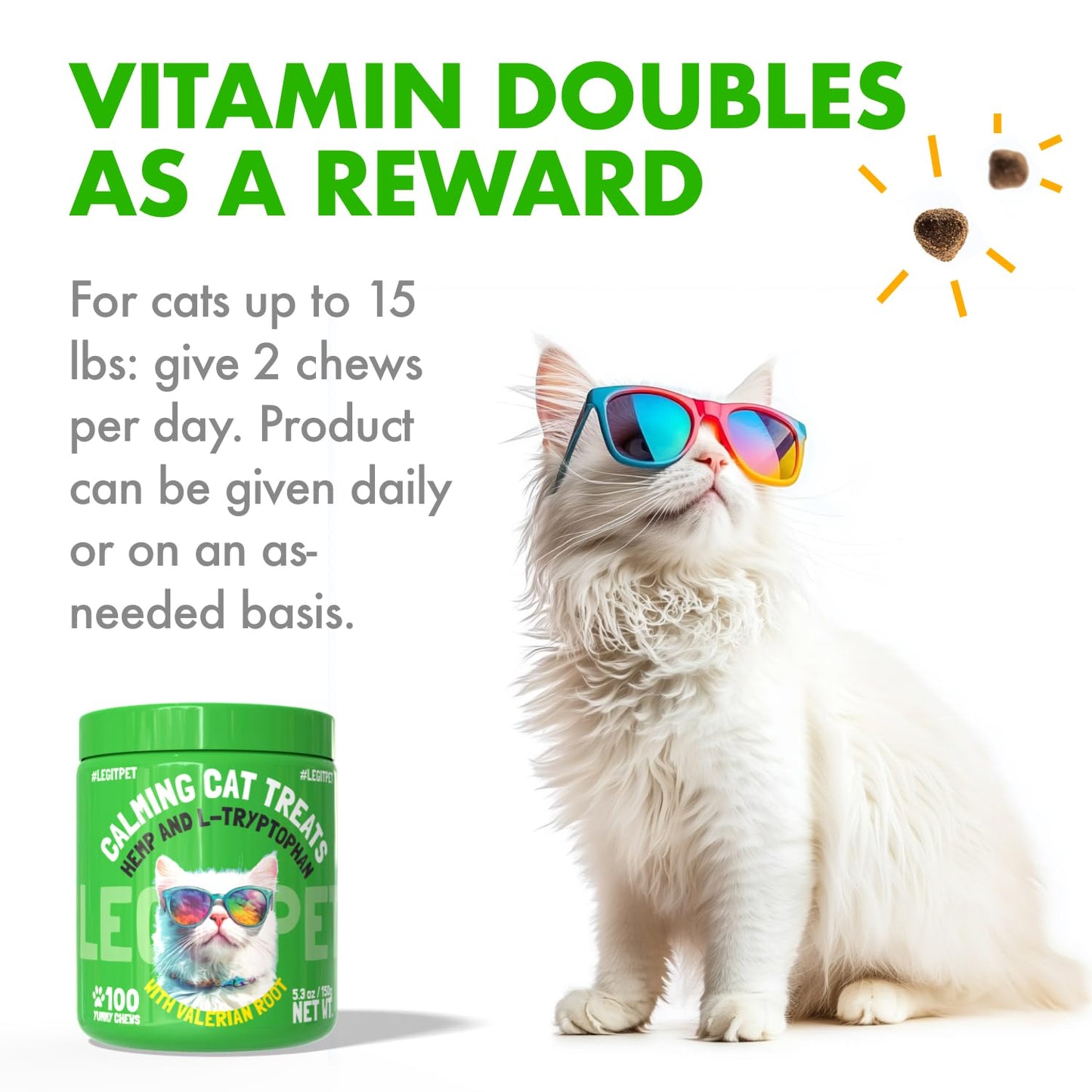 LEGITPET Cat Calming Treats Natural Anxiety Relief for Indoor Cats Stress & Travel Storm Separation Support Helps with Vet Visits, Grooming & Loud Noises Soothing Behavior Aid 100 Yummy Chews