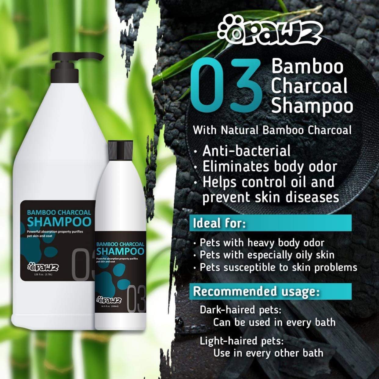 OPAWZ 03 Bamboo Charcoal Dog Shampoo, Hypoallergenic Pet Shampoo, Anti-Fungal Formula for Allergies and Itching Sensitive Skin, 16.9 fl.oz