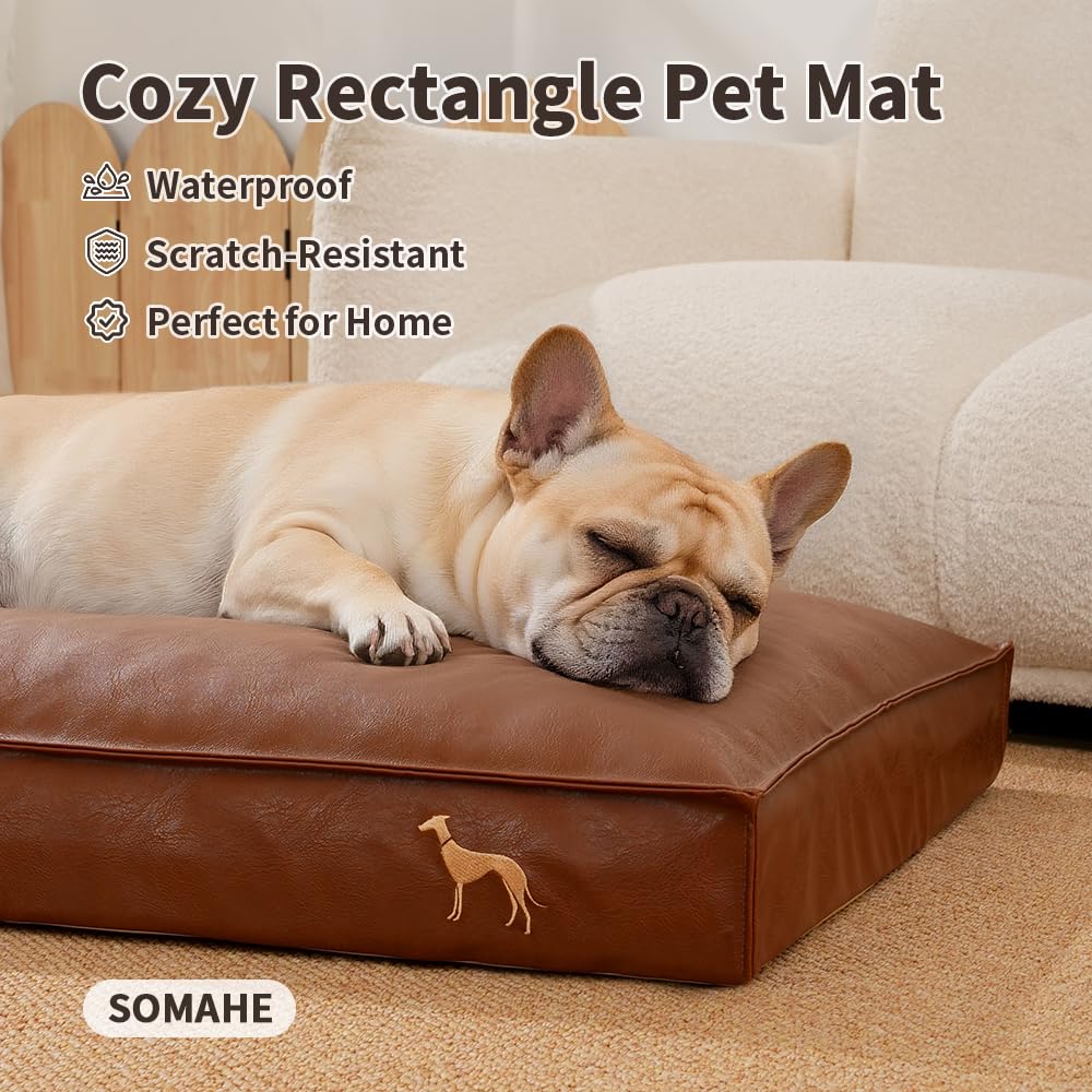 SOMAHE Dog Bed Medium Size Dog Orthopedic Beds for Small Dogs with Removable Washable PU Leather Cover Waterproof Brown 27.5×19.6×4inch