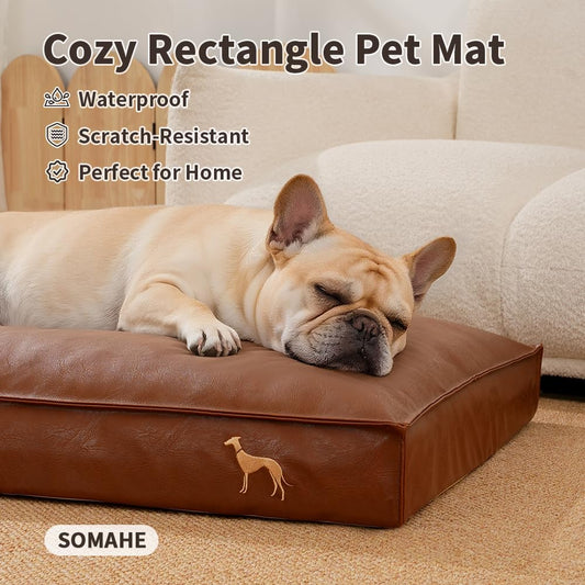 SOMAHE Dog Bed Medium Size Dog Orthopedic Beds for Small Dogs with Removable Washable PU Leather Cover Waterproof Brown 27.5×19.6×4inch