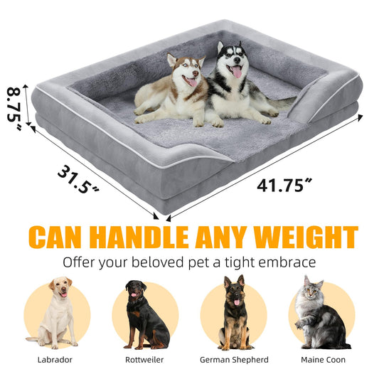 Simple Trending Orthopedic Dog Beds for Extra Large Dogs, L Waterproof Memory Foam Pet Bed with Sides, Non-Slip and Egg-Crate Foam Big Dog Couch Bed with Washable Removable Cover, Grey