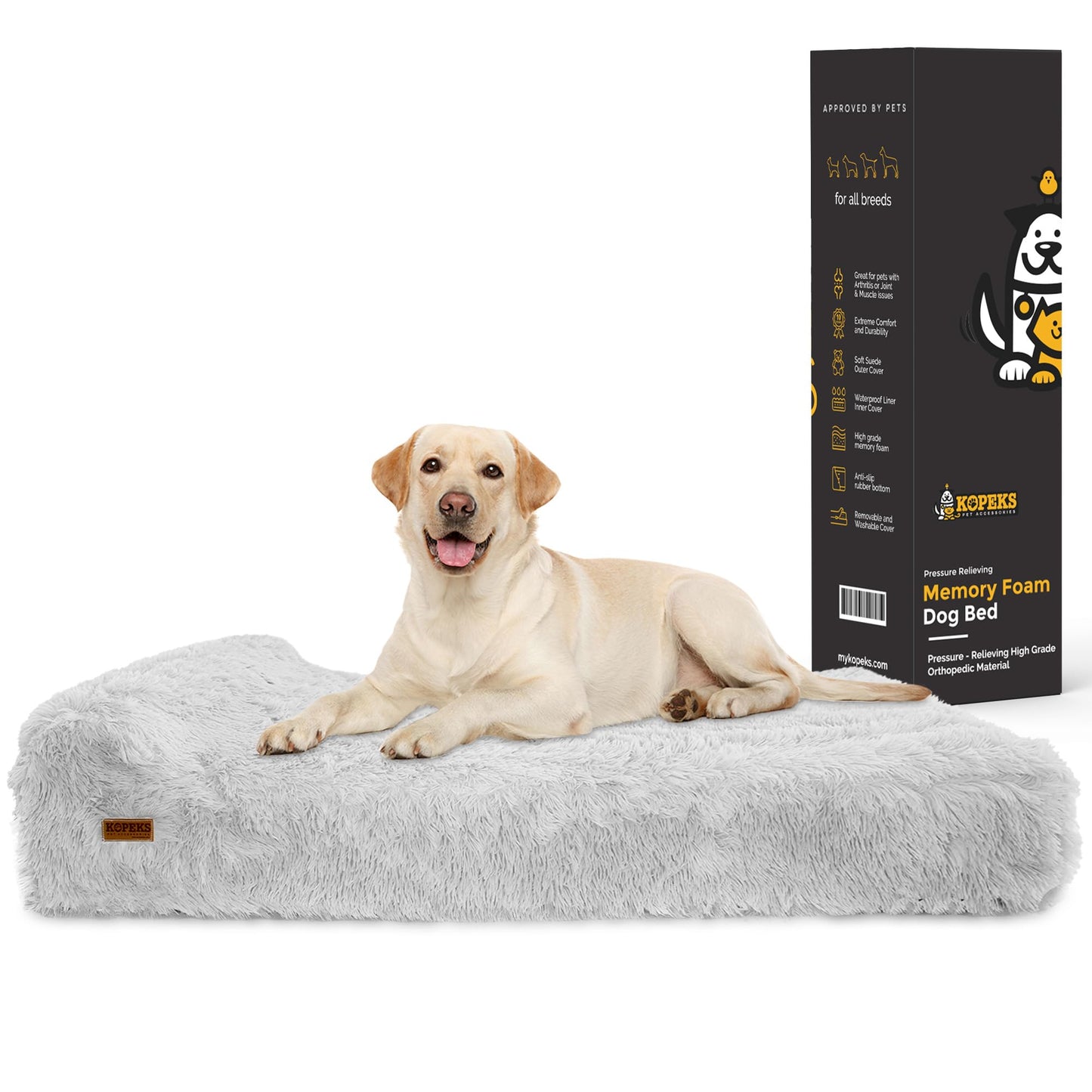 KOPEKS Orthopedic Memory Foam Dog Bed 7" Inch Thick Extra Large Dog Bed with Pillow Fluffy Grey 50"x34"x10" Includes Waterproof Liner & Durable Removable Cover with Smart Design