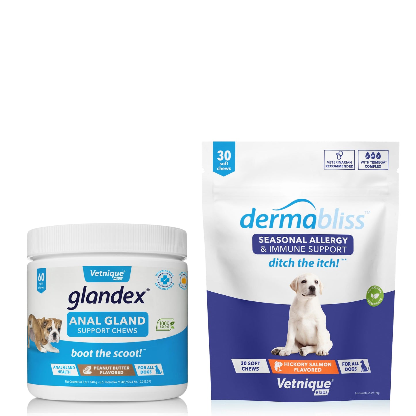 Vetnique Labs Dermabliss Allergy Chews 30 Ct and Glandex Anal Gland Support Chews 60 Ct Bundle Dog Vitamins & Supplements, Anal Gland Dog Treats with Probiotics, Dog Allergies Skin Treatment Soft Chew