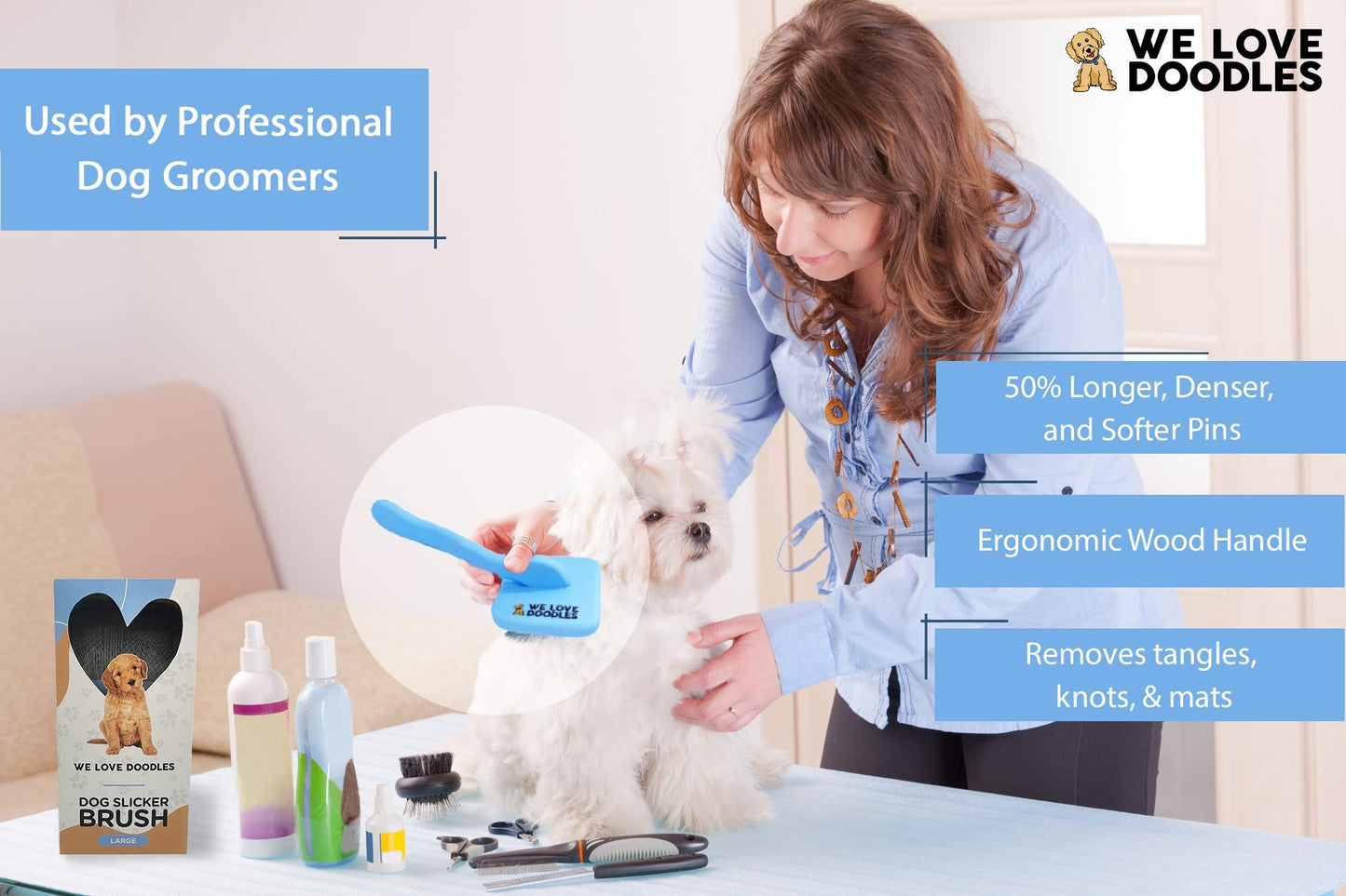 We Love Doodles Puppy Shampoo & Conditioner and Large Slicker Brush | Oatmeal Bathing | Sensitive & Itchy Skin Wash | Brush for Grooming Pet Hair | Removes Tangles & Matts | Organic - Made in USA