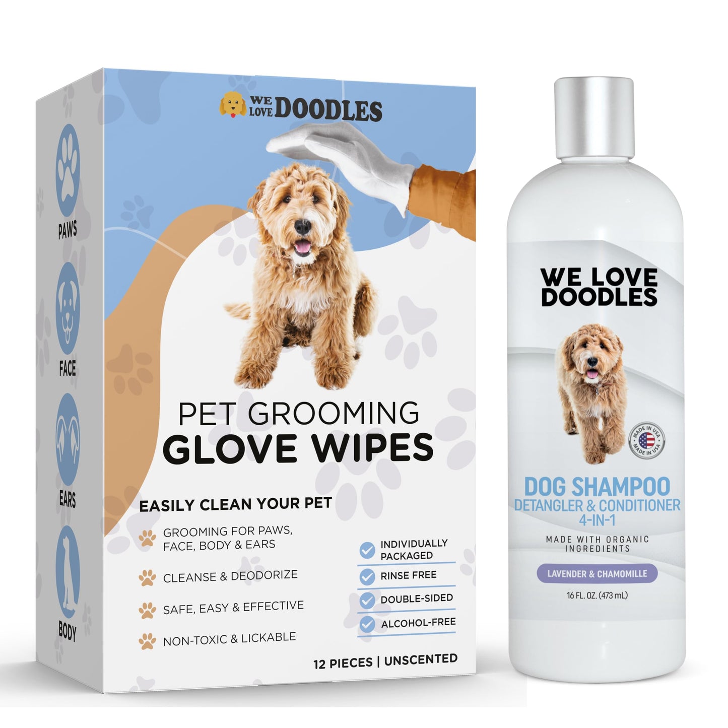 We Love Doodles Dog Gloves Wipes & Dog Shampoo Bundle - Pet Bathing Wipes for Dogs, Paws, Face, Body, Ears, Shampoo for Dogs Matted Pet Hair, Sensitive Skin Shampoo for Puppies