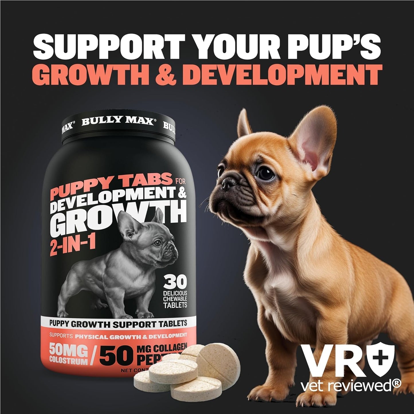 Bully Max 2-in-1 Puppy Vitamins - 30 Chewable Tablets for Growth & Development of Puppies - Multivitamin Treats & Essential Dog Supplements for Small Dogs & Large Breed Growing Pups - 2 Bottles
