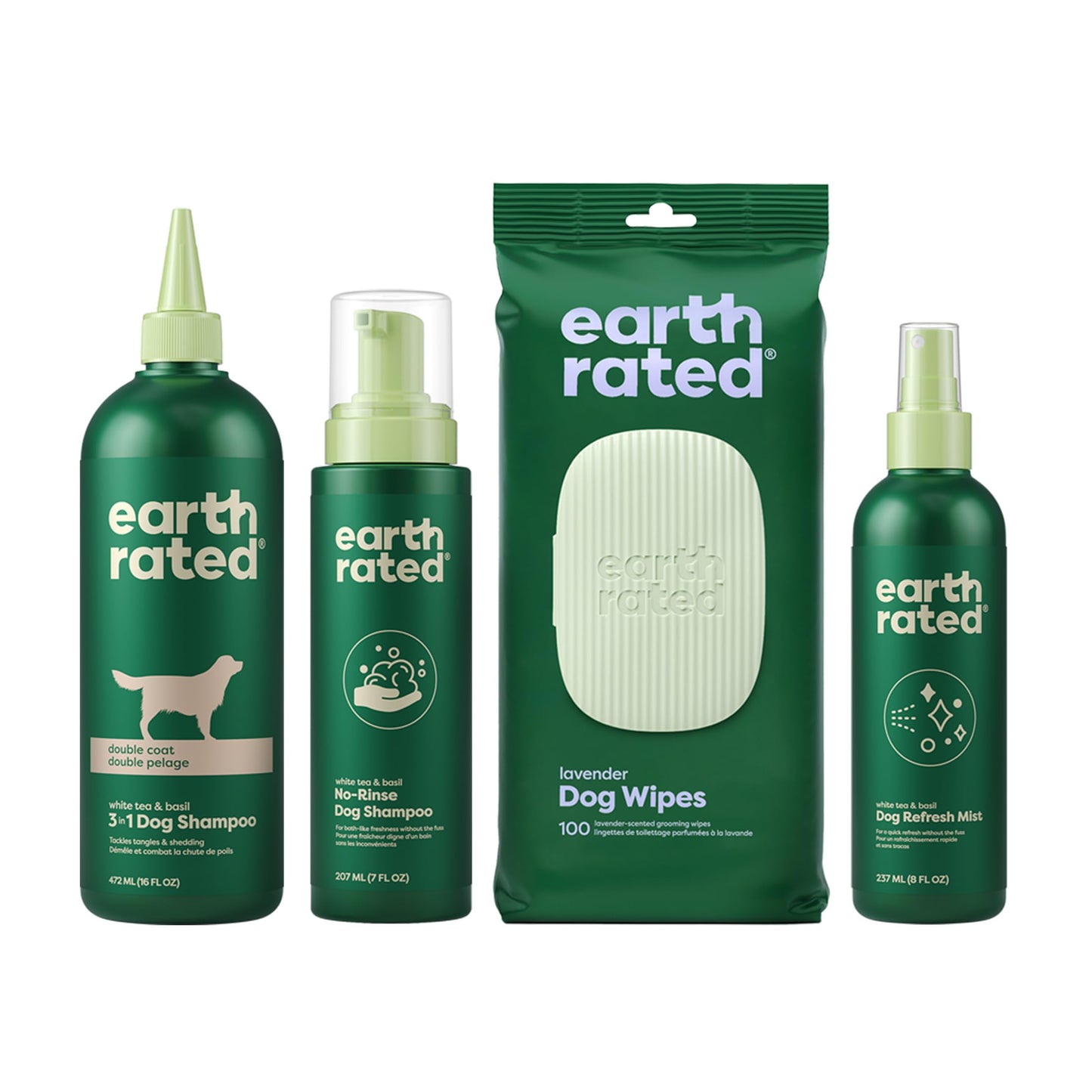 Earth Rated Double Coat Essentials - Shampoo, Grooming Wipes, Refresh Mist & No-Rinse Shampoo