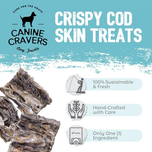Canine Cravers Single Ingredient Dog Treats – Wild Caught Crispy Cod Skins - Human Grade Air Dried Hypoallergenic Pet Food – Grain, Gluten, and Soy Free – 100% All Natural – 4 oz