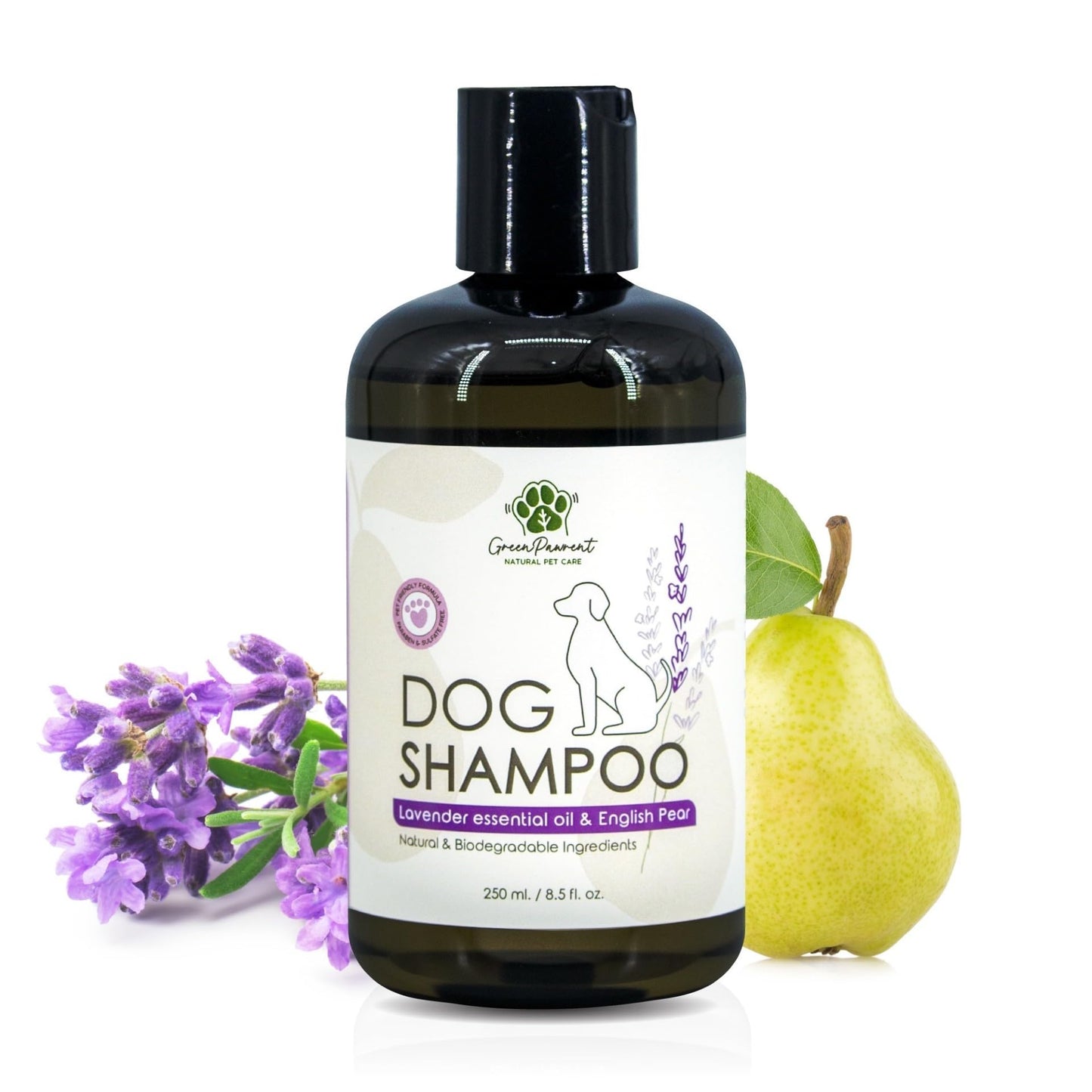 GreenPawrent- Lavender Essential Oil & English Pear Pet Shampoo for Dogs - Sensitive Dog Skin Care for All Breeds. Odor Control & Deep Cleansing - No Paraben No Sulfate & Safe for All Pets - 8.5fl oz