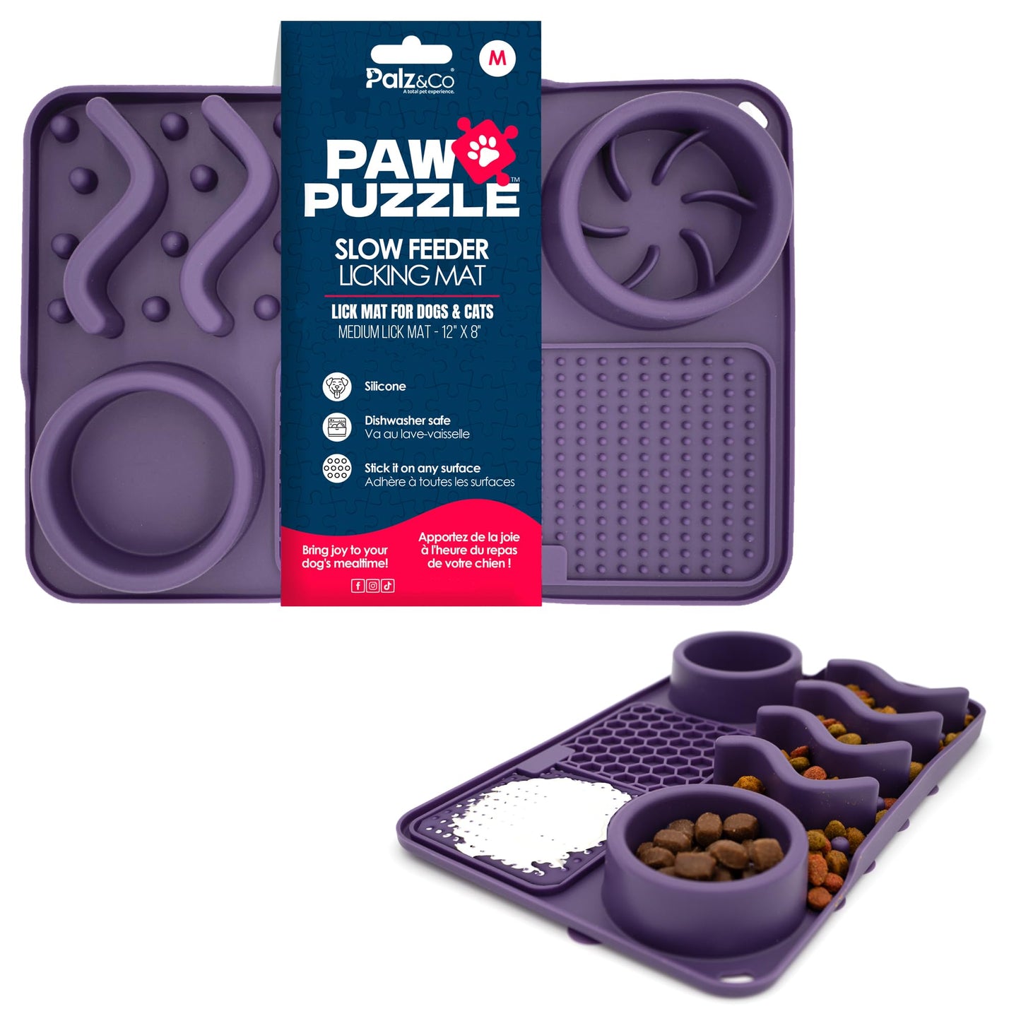 Palz&Co Paw Puzzle 2-in-1 Slow Feeder & Lick Mat for Dogs and Cats, Dry and Wet Food, Dishwasher Safe Silicone, Medium 12"x8", Purple