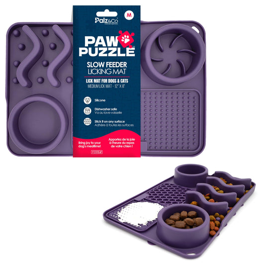 Palz&Co Paw Puzzle 2-in-1 Slow Feeder & Lick Mat for Dogs and Cats, Dry and Wet Food, Dishwasher Safe Silicone, Medium 12"x8", Purple