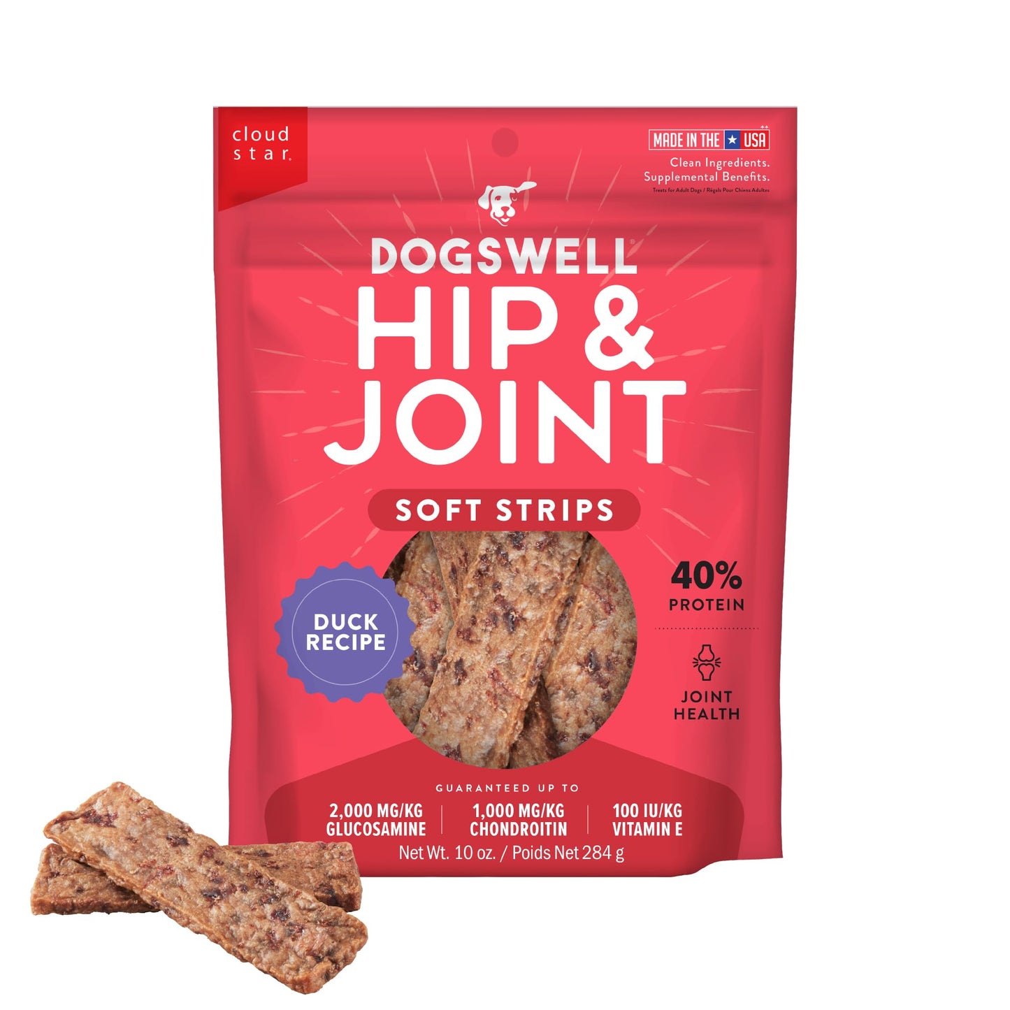 DOGSWELL Hip & Joint Dog Treats 100% Meaty, Grain Free, Glucosamine Chondroitin & Omega 3, Duck Soft Strips 10 oz