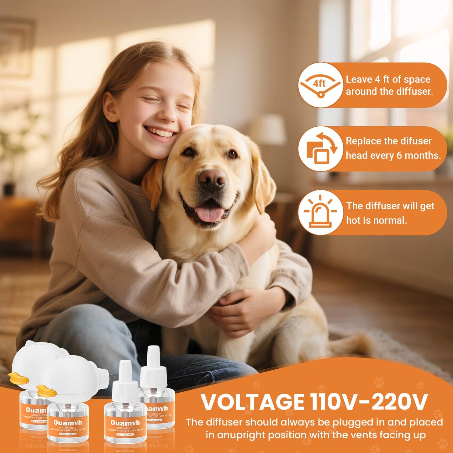 Ouamvh Dog Pheromone Calming Diffuser:Relaxing Solution for Stress and Anxiety in Dogs, Reducing Scratching and Barking Behaviors in Puppies, Medium, and Large-Sized Dogs 2 Diffuser 4 Refill
