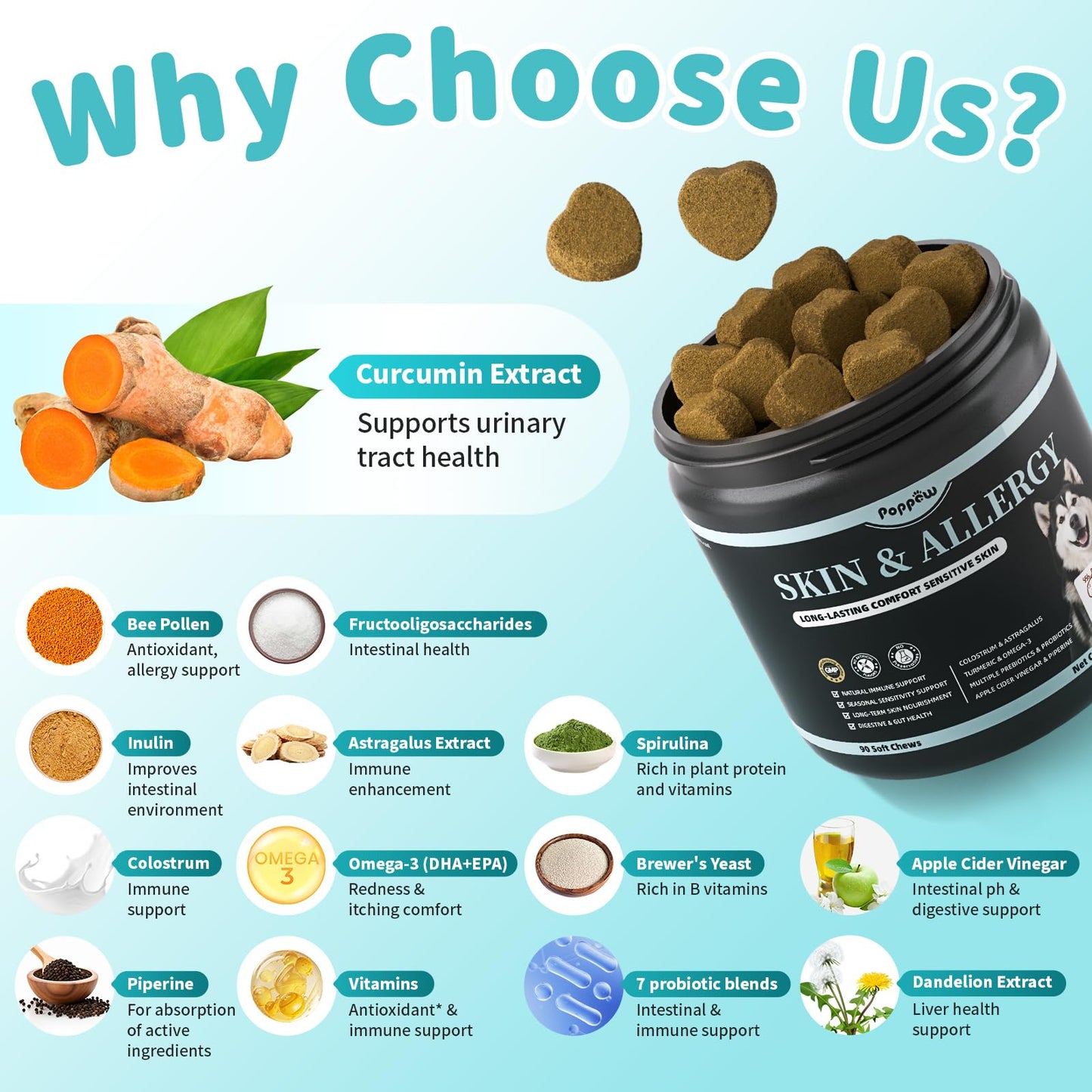 POPPAW Dog Skin & Allergy Chews - Dog Probiotics for Sensitive Skin Health Support - Allergy Relief - Support Seasonal Allergies, Immune & Gut & Digestive Health Supplement - Beef Flavor - 90 Count