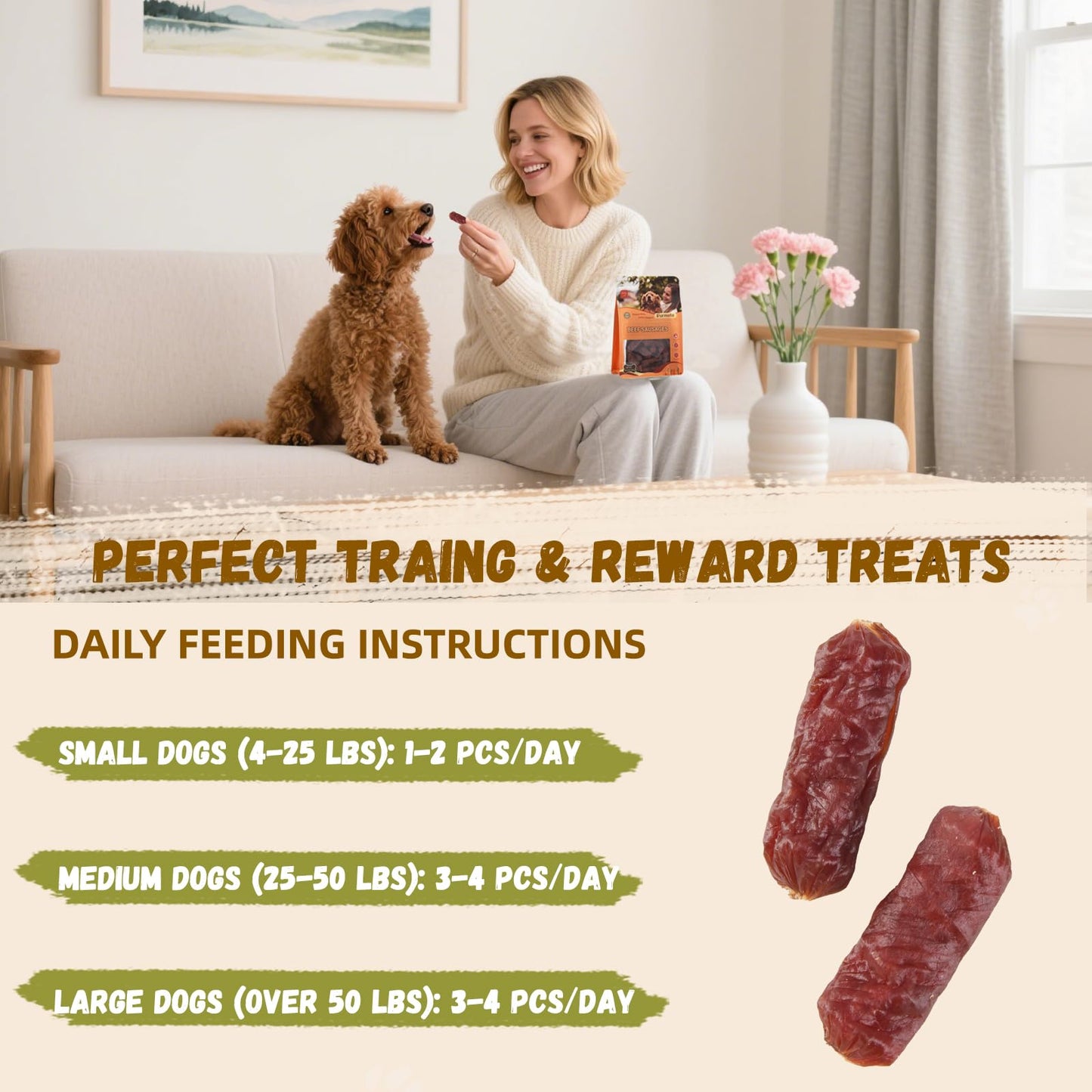 Furmate Soft Beef Sausage Dog Treats, Slow Roasted Beef Jerky for Dogs High Protein Low Fat, Grain-Free Gluten-Free Training Rewards Treats for Small Medium Large Dogs,10.58 oz