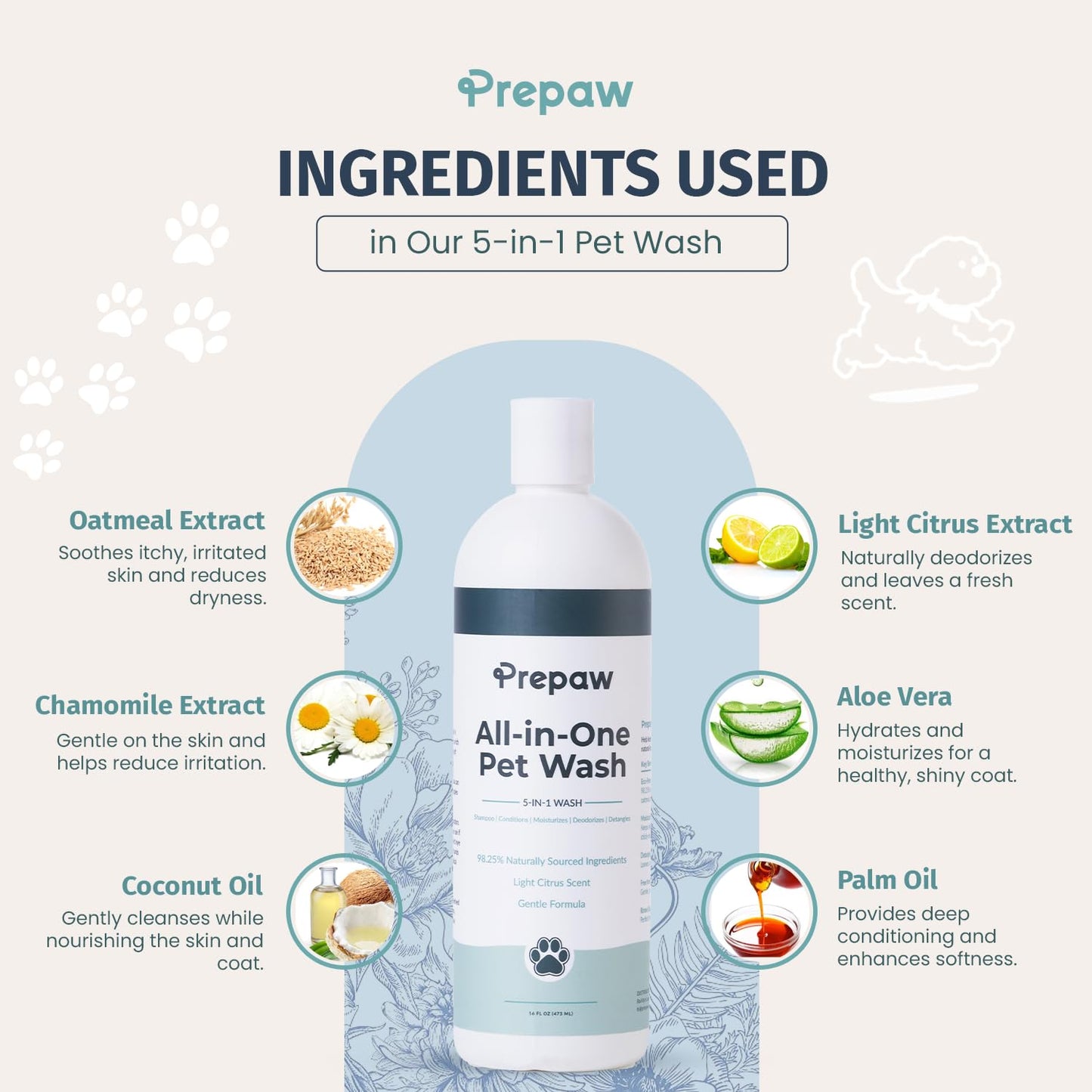 Pet Wash - 5 in 1 (Cleans, Conditions, Moisturizes, Deodorizes & Detangles) - Natural Ingredients - Gentle for Sensitive Skin - Softens Coat & Quick Rinse | Light Citrus Scent, 16 fl oz