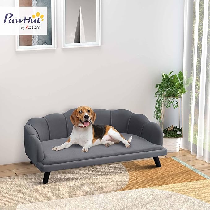 PawHut Velvet Large Dog Couch with Foam Cushion, Soft and Cute Dog Bed with Pearl Design, Dog Sofa for Big and Medium Dogs, Charcoal Gray