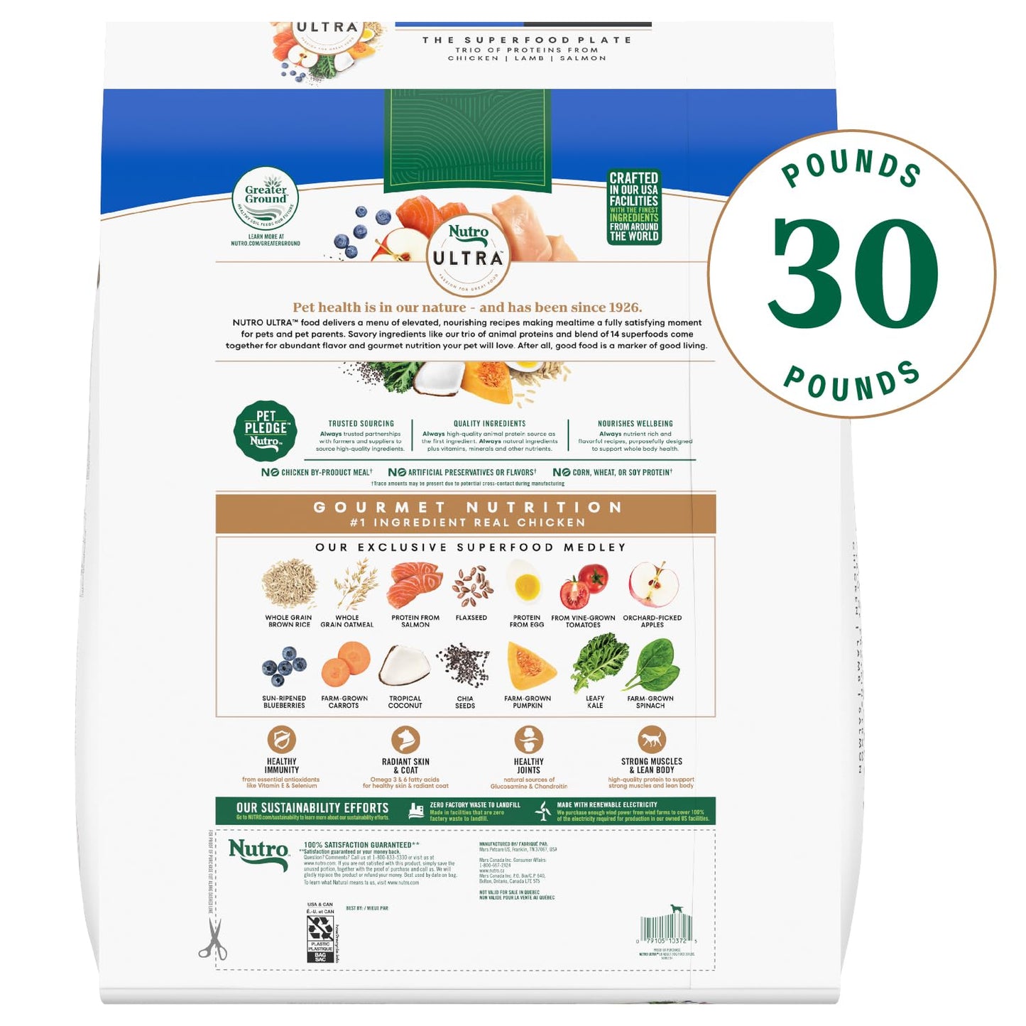 Nutro Ultra Adult Large Breed Dry Dog Food, Chicken, Lamb and Salmon Protein Trio, 30 lb. Bag