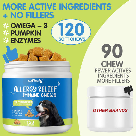 Dog Allergy Relief Chews (120 Count), Dog Allergy Chews, Itch Relief for Dogs, Omega 3 Fish Oil + Pumpkin Enzymes + DHA for Dogs, Anti Hot Spots + Seasonal Allergies, Skin & Coat Immune Health