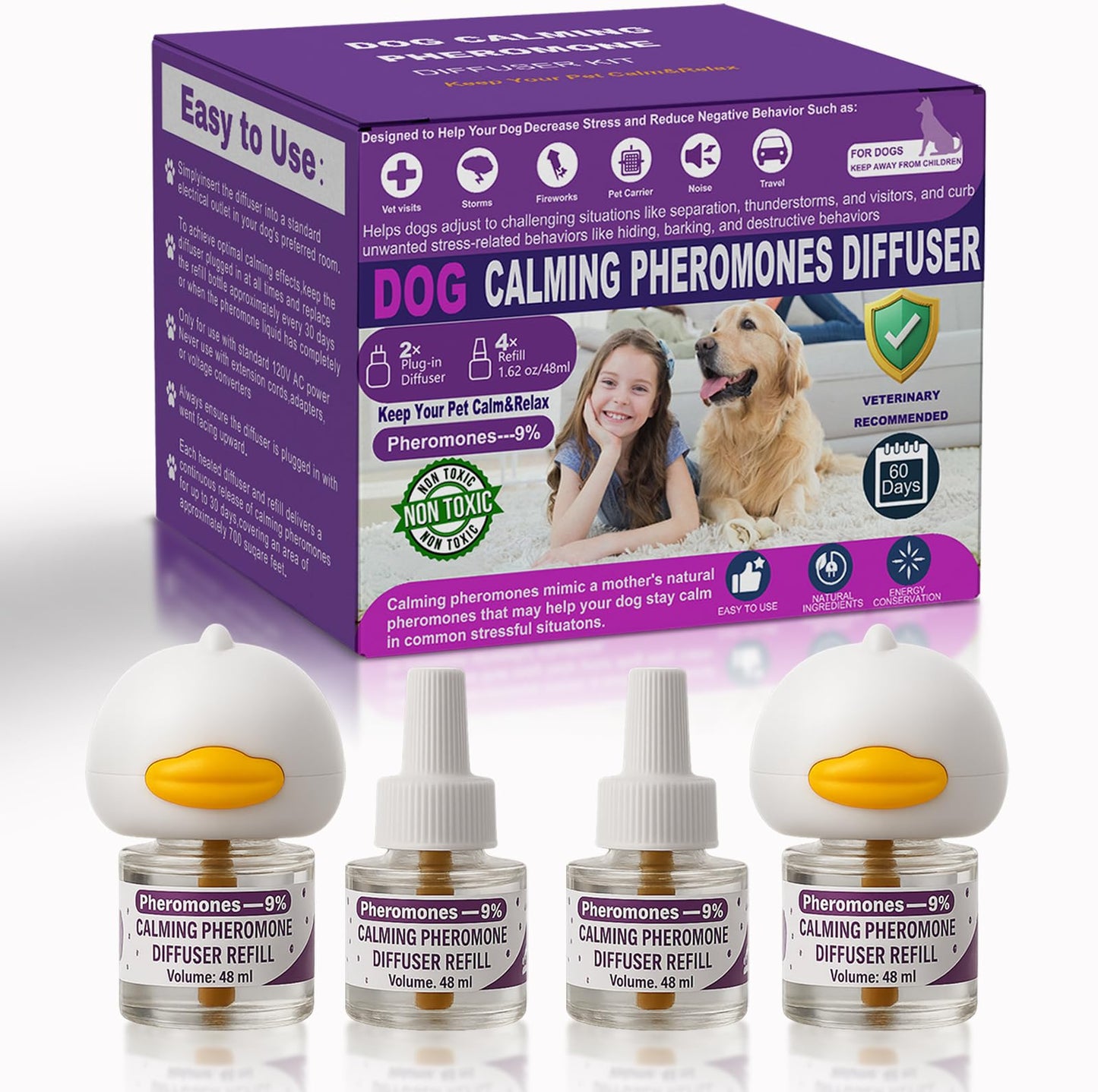 Dog Calming Pheromones Diffuser 6 in 1 Kit Appeasing Pheromone Diffuser to Calm (2 Plug in+4 Pack 48ml Refill) for Anxiety Relief Reduce Aggression Fighting Barking Stress 120 Day Supply (Purple)