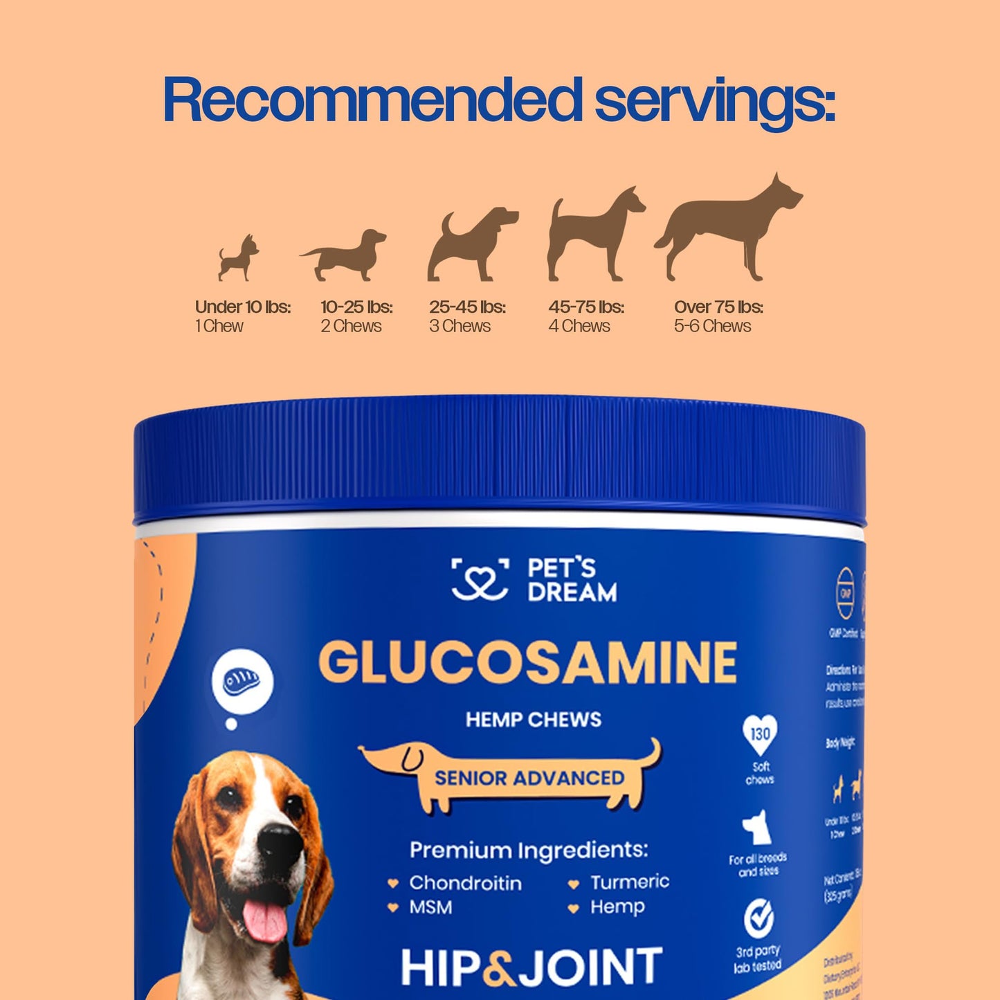 PET'S DREAM Hip and Joint Glucosamine for Dogs, Senior Advanced Joint Supplement for Dogs with Chondroitin & MSM, Dog Hip and Joint Supplement Large & Small Breed, Bacon Flavor, 130 Chews