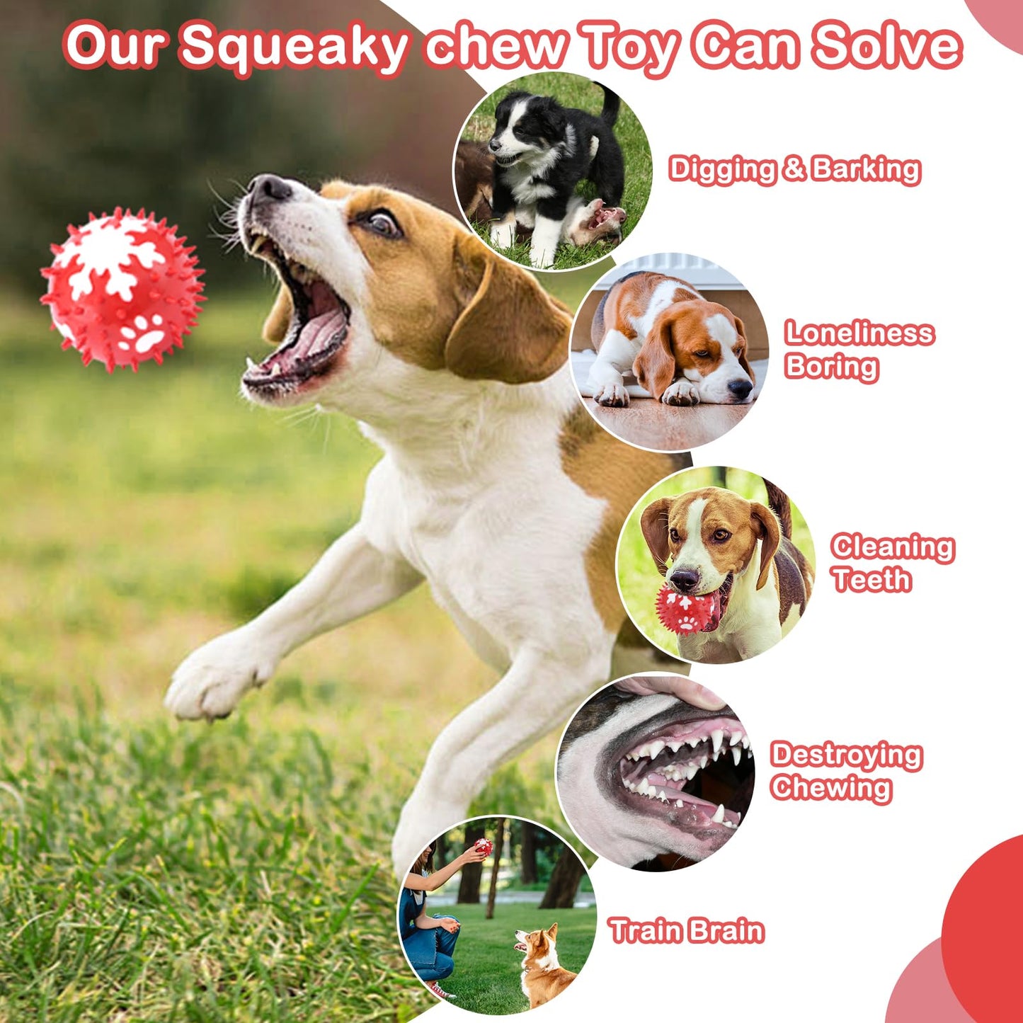 2 Pack Dog Toys - Bone & Ball Chew Toys, Teething Toys for Aggressive Chewers Durable Tough Chew Toys for Small/Medium/Large Breeds Snowflake Bone Pattern (Red, Ball+Bone)