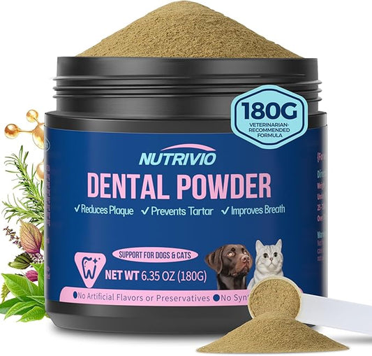 Dental Powder for Dogs & Cats - Teeth Cleaning for Dog Breath Freshener, Plaque and Tartar Remover, 5 Strains of Probiotics and Natural Ingredients, Dental Care for Dogs - 6.35oz(180g)