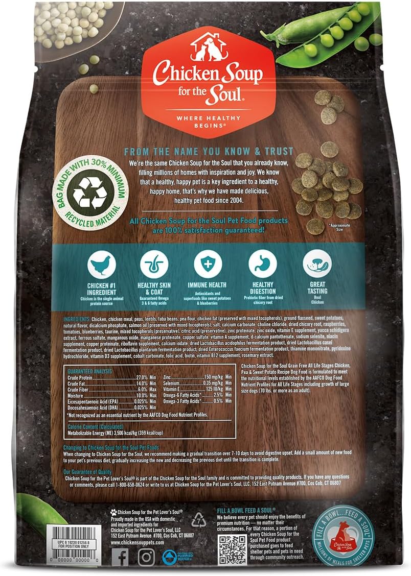 Chicken Soup for the Soul All Natural Premium Grain-Free All Life Stage Dry Dog Food, Real Meat First Ingredient, No By-Products, Added Taurine Supports Heart Health, Chicken, Pea & Sweet Potato, 22lb
