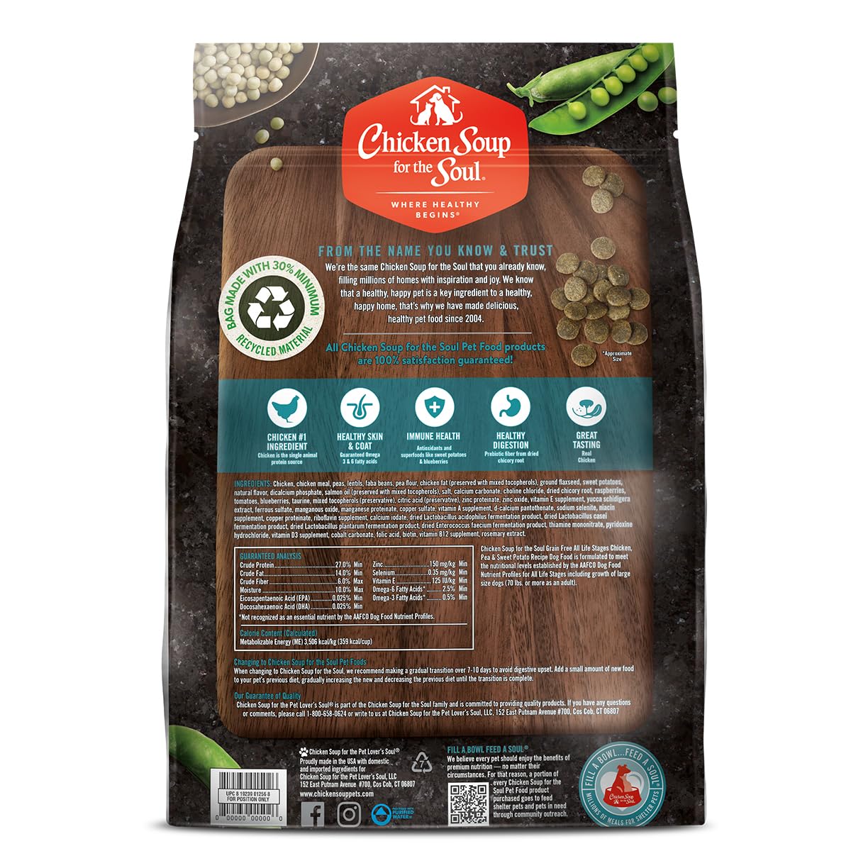 Chicken Soup for the Soul All Natural Premium Grain-Free All Life Stage Dry Dog Food, Real Meat First Ingredient, No By-Products, Added Taurine Supports Heart Health, Chicken, Pea & Sweet Potato, 22lb
