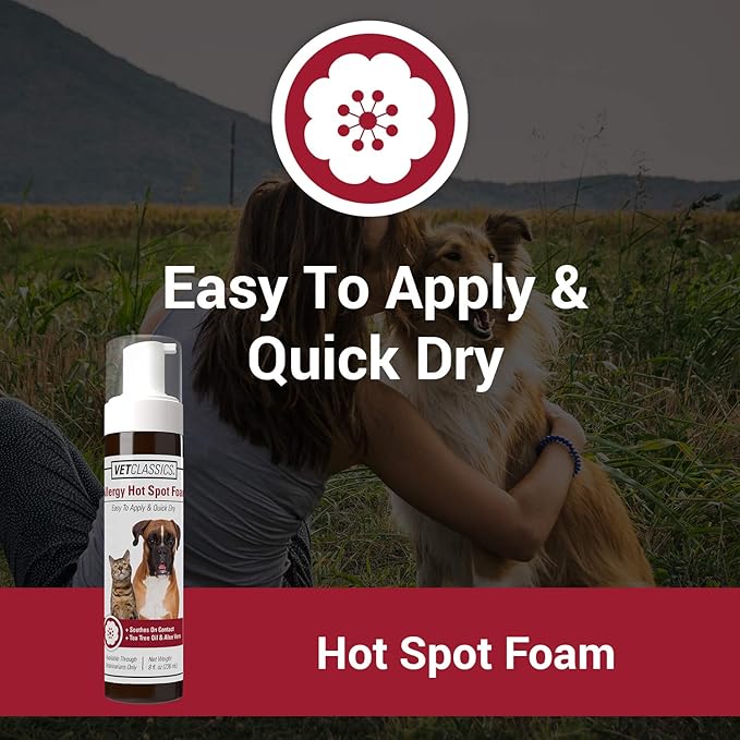 Vet Classics Allergy Hot Spot Foam for Dogs and Cats – Pet Spray for Hot Spots, Itchy, Irritated Skin – Includes Aloe Vera – Quiet Pet Foam for Sensitive Skin, Quick-Drying – 8 Oz.