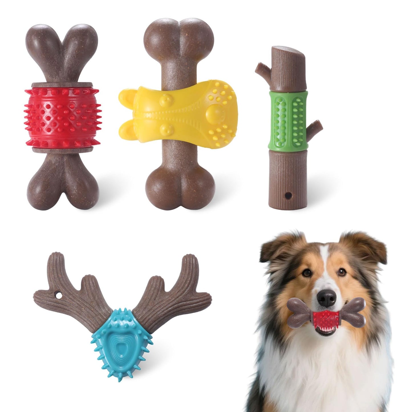 Durable Dog Chew Toys for Large Dogs - Tough Bone-Shaped Dental Chew with TPR Rubber & Wood Fiber, Teething & Aggressive Chewer Toys for Medium/Large Breed, Long-Lasting Teeth Cleaning (4 Pack Set)