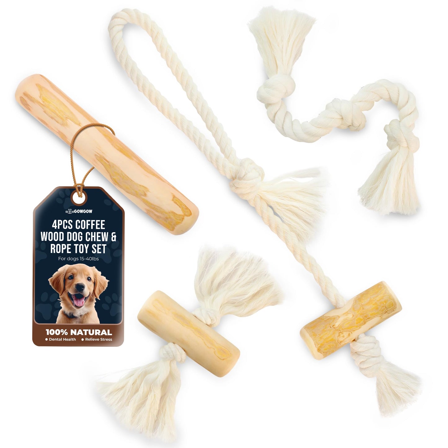 GOWGOW 4 Pack Real Coffee Wood Stick for Dogs 15-40 lbs, Puppy Teething Toys, 100% Natural Puppy Wood Chew Toys, Stress Relief - Woodden Bones for Dogs - Natural Rope Toys