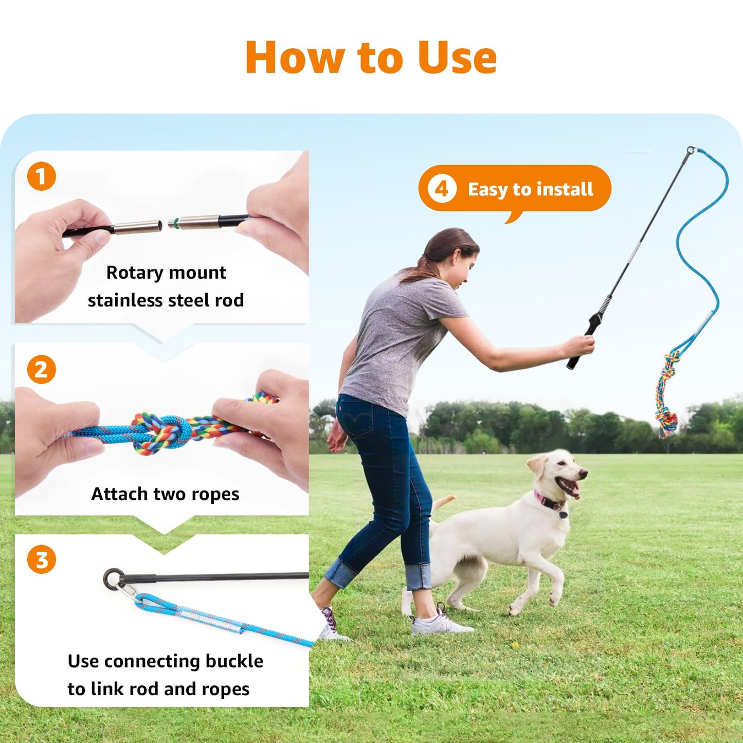 LOOBANI Flirt Pole for Dogs Tug of War Rope Toy Interactive Dog Toys Enrichment for Medium Small Dogs Heavy Duty Replacement Toys Chewing for Outdoor Exercise & Training
