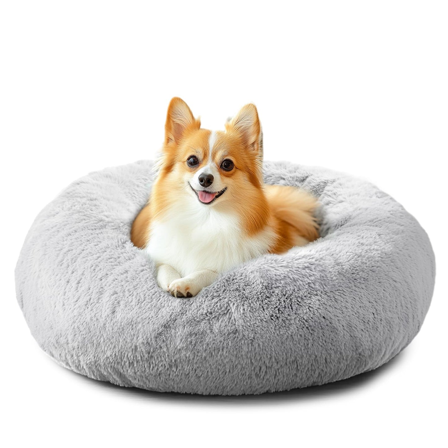 JOLLYVOGUE Calming Dog & Cat Bed for Small Dogs, Anti-Anxiety Donut Cuddler Cozy Soft Round Bed with Anti-Slip Bottom, Fluffy Faux Fur Plush Cushion Beds for Small Medium Dogs, 23"/Smoke Gray