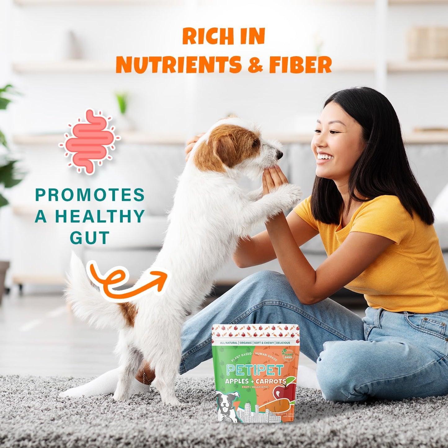 PETIPET Apples+Carrots Plant-Based Fruit Dog Treats - Carrot and Apple Soft & Chewy - Healthy Vegetarian, Vegan Dog Treats with Organic Ingredients - Low-Protein, Hypoallergenic, Gluten-Free