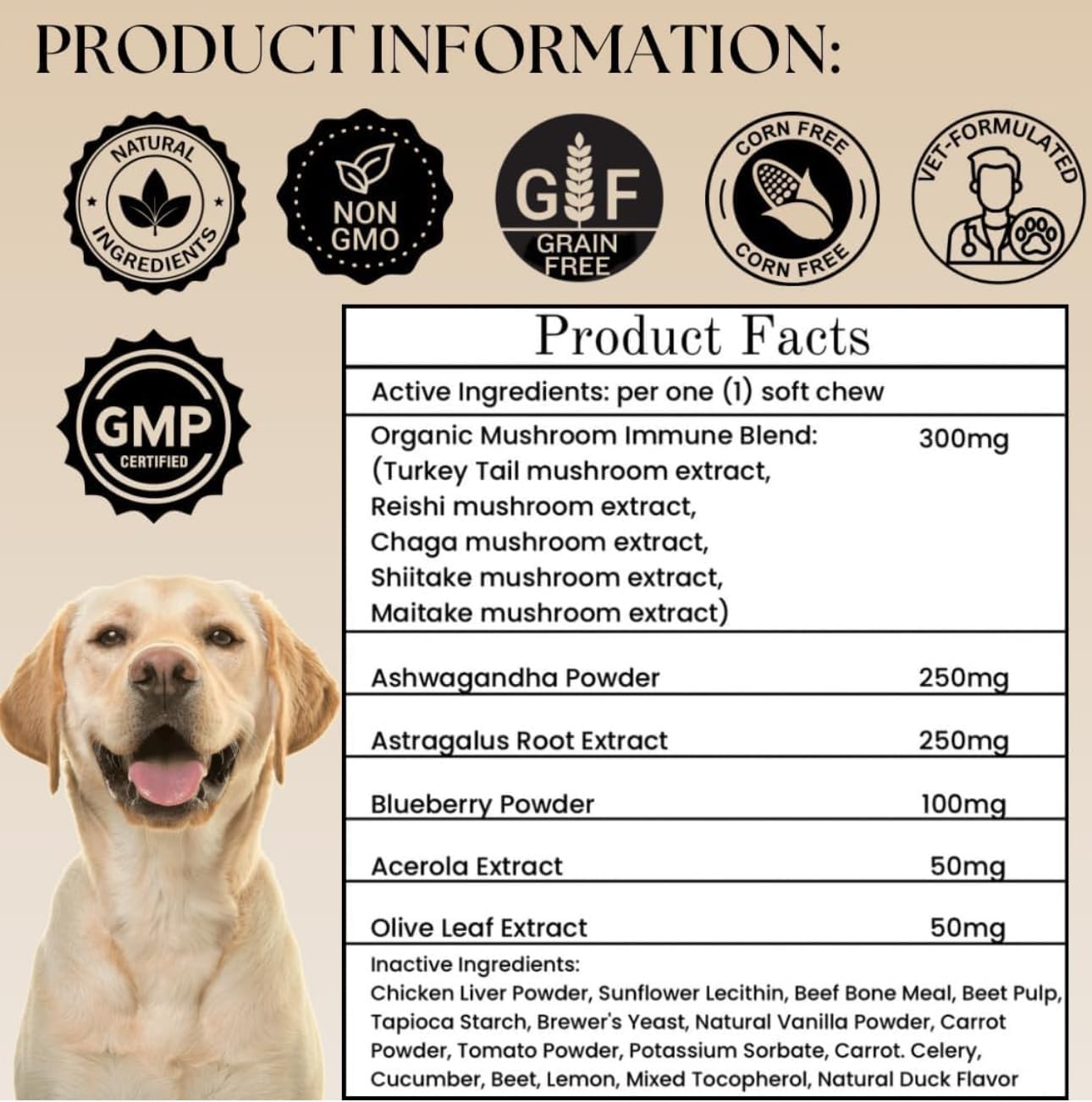 Dogs Immune Support Mushroom Supplement - Supports Longevity, Cognition, Joint, Cellular & Gut Health - All Natural Organic, GrainFree - Aid for Lumps and Bumps, Chicken Flavor - 90 Chews