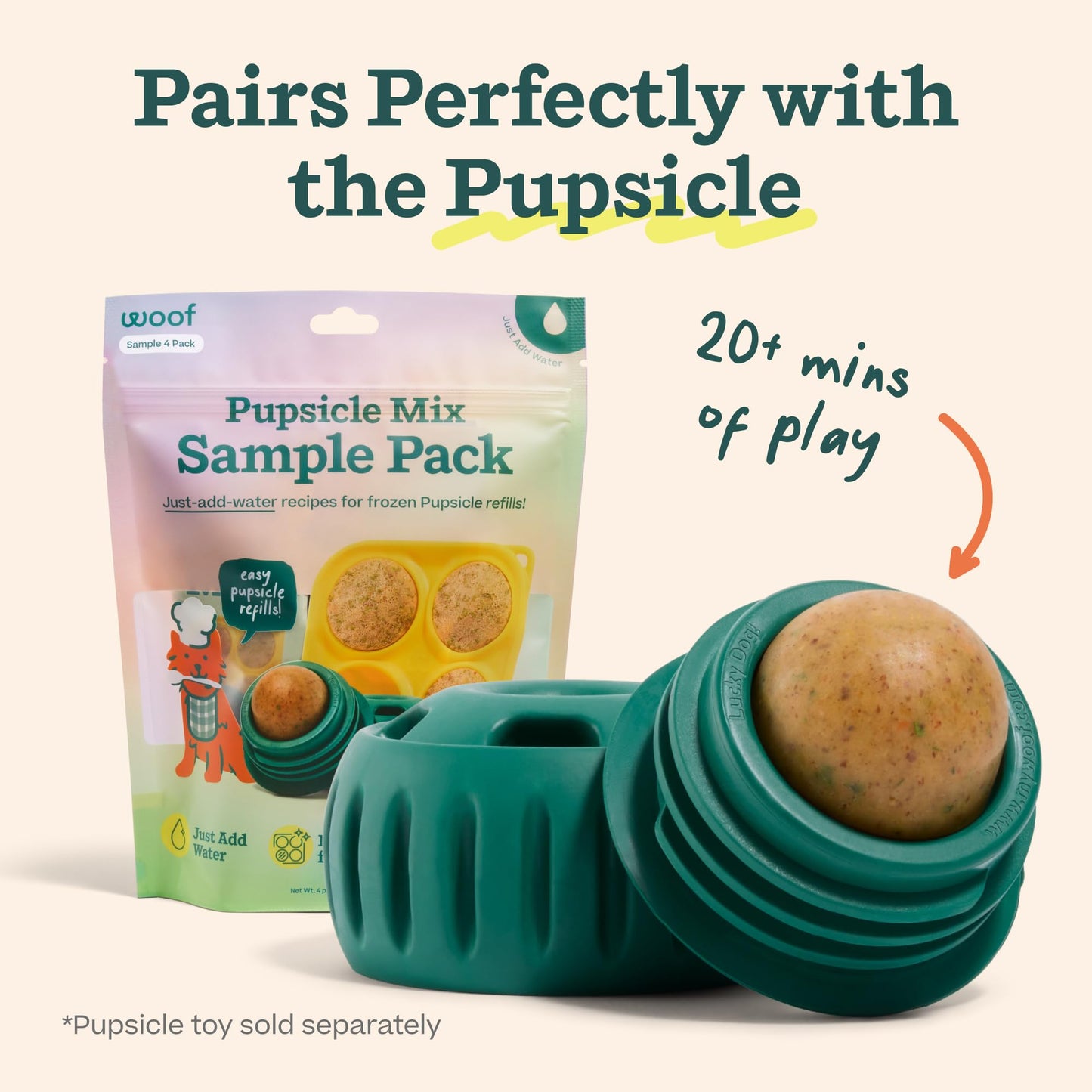 WOOF Pupsicle Mix Sample Pack - Easy-to-Make DIY Pupsicle Refills - Delicious Mix for The Pupsicle Interactive Dog Toy - with Bacon & Cheese, Calming, Balanced Belly, and Dental Mix - 4 Pack Sampler