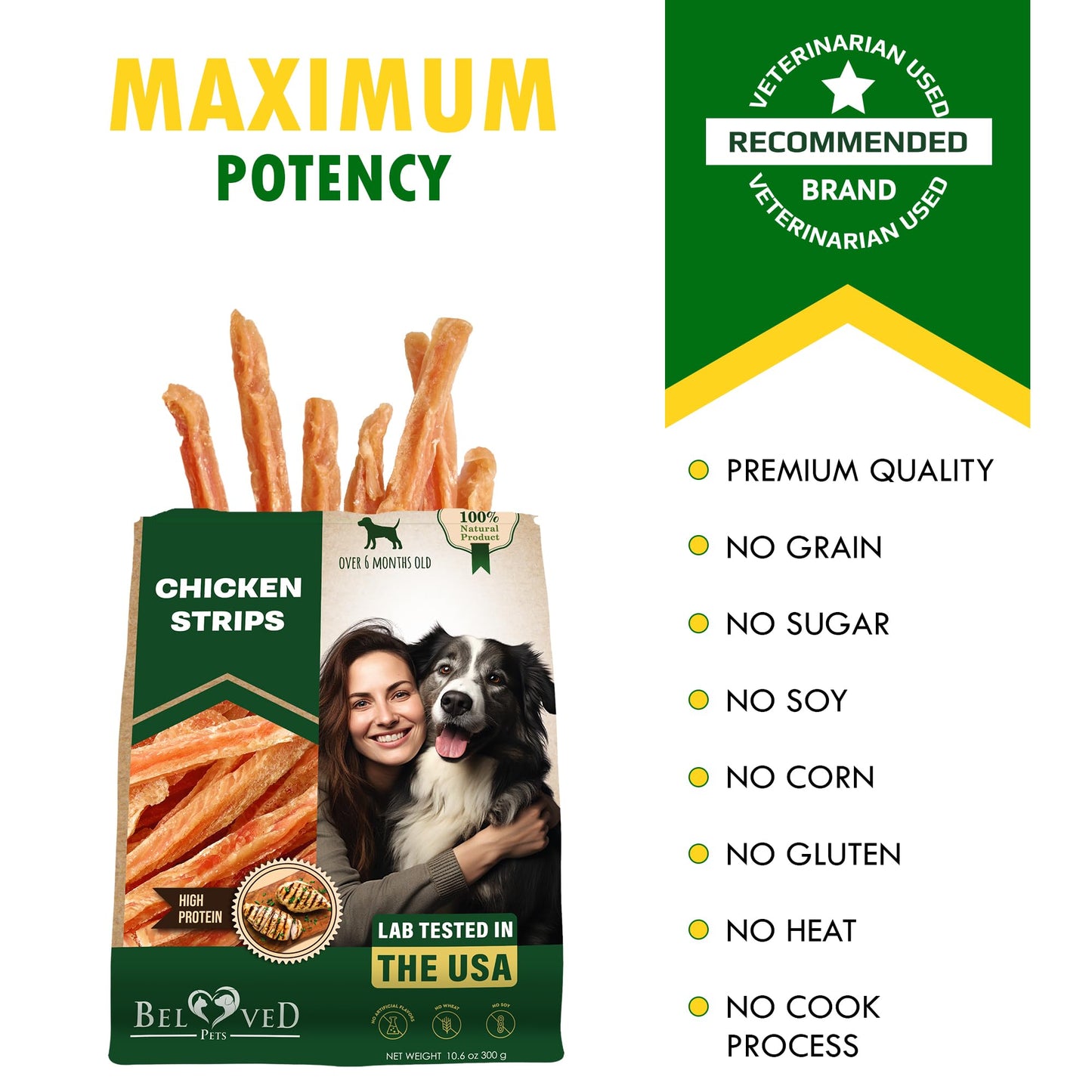Beloved Pets Dog Treats Chicken Jerky Strips 11 oz - Human Grade Meat Sticks - Natural Pet Dried Snacks Rawhide - Free - Long Lasting Chews for Large & Small Dogs - Best for Training & Healthy Teeth