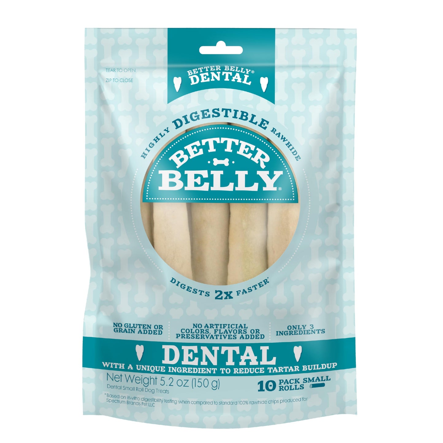 Better Belly Highly Digestible Rawhide Dental Chews, Treat Your Dog to a Chew with NO Artificial Colors or Flavors, 10 Count