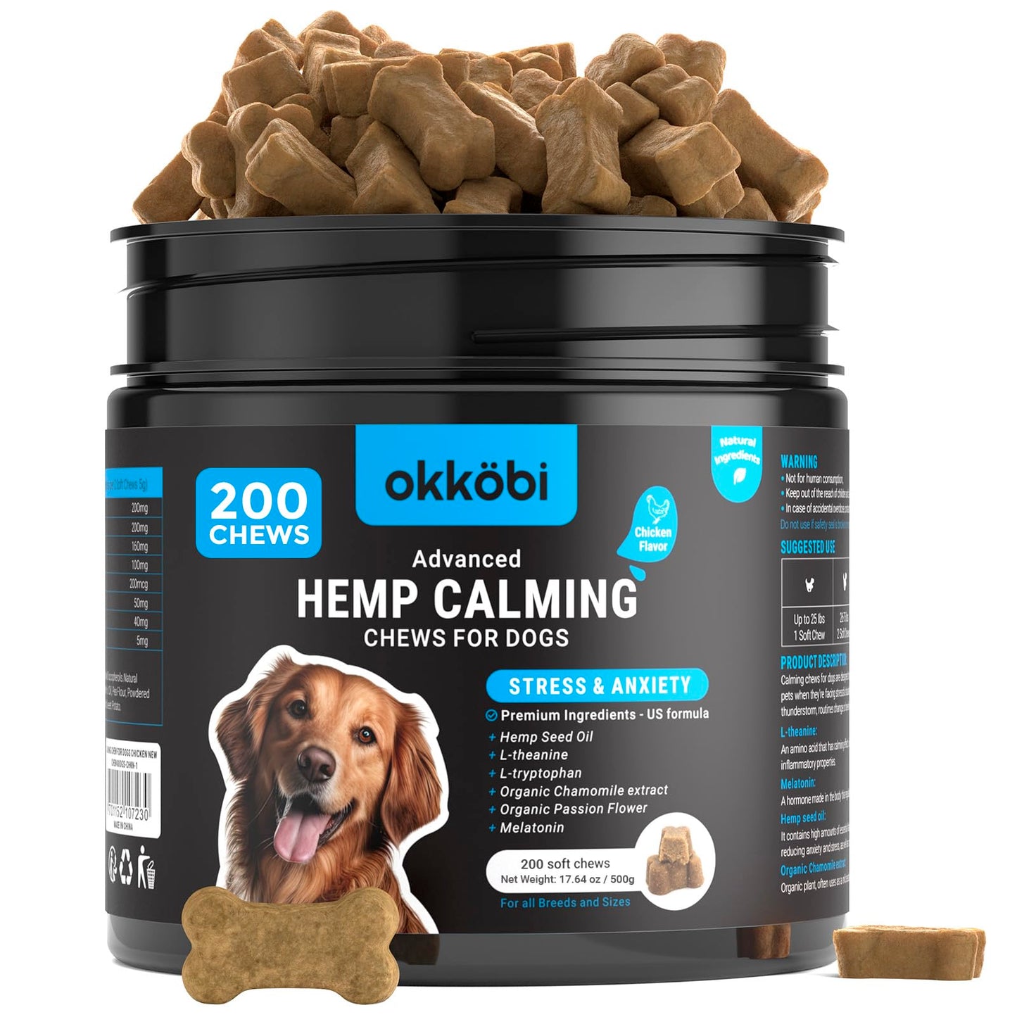 Hemp Calming Chews for Dogs Anxiety 200 pcs - Chicken Flavored - Dog Anxiety Relief - Dog Calming Chews - Melatonin for Dogs - for Stress, Travel, Check-up, Barking or Grooming - Dog Calming Treats