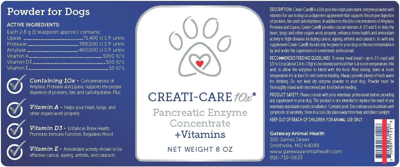Pancreatic Enzyme for Dogs - Creati-Care 10x Dog Digestive Enzymes Powder with Vitamins Restore Normal Weight, Supports Pancreatin Issues Relieves Digestive Stress - 4 oz